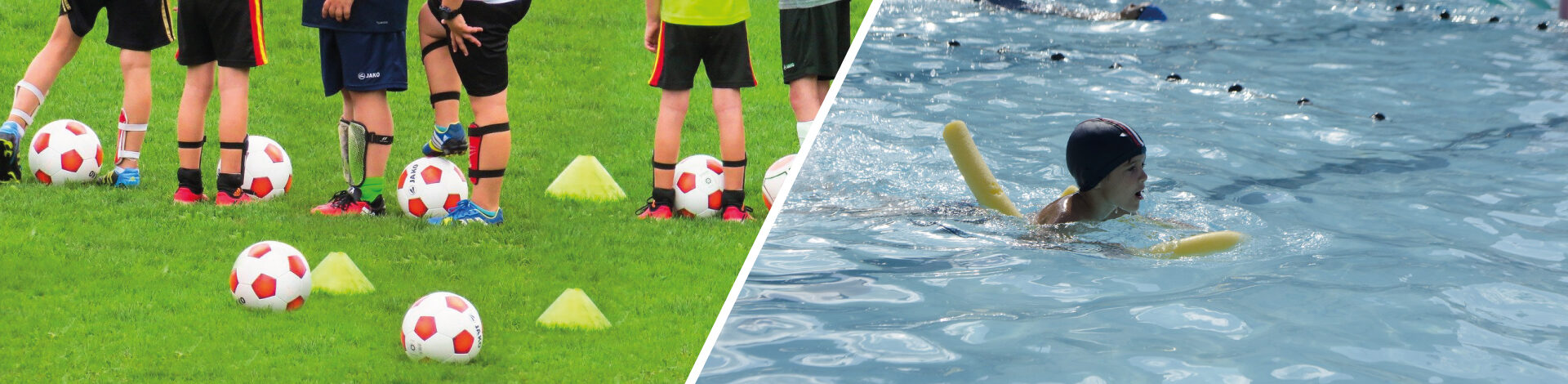 enfants jouant au football et nagéant