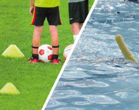 enfants jouant au football et nagéant