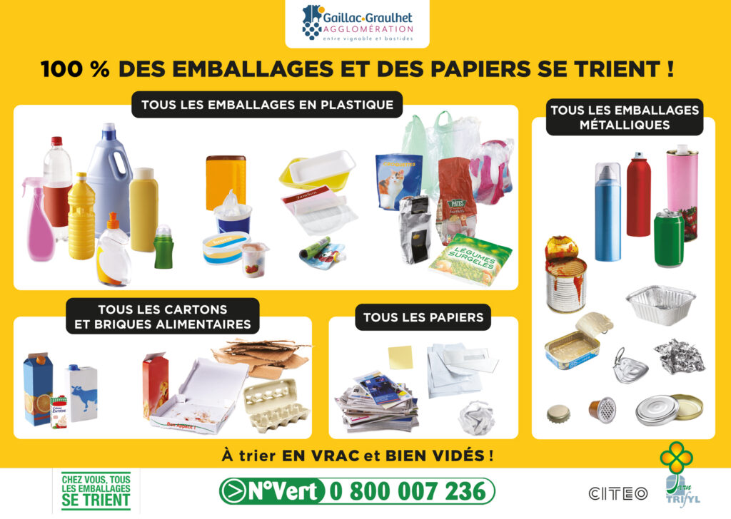 100% des emballages et papiers se trient : pots de yaourt, barquettes, tubes de crème cosmétique, films d’emballage, sacs plastiques, capsules de bière ou de café…