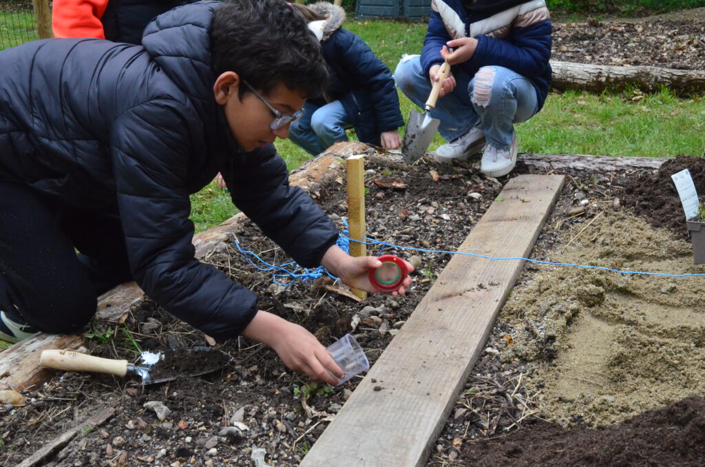 Les enfants du Centre de loisirs de La Courbe profitent du jardinage pour étudier les vie dans la terre.